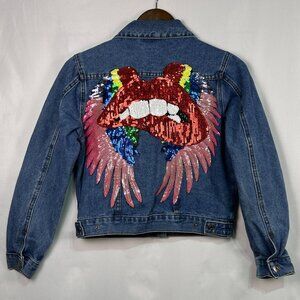Denimland Cotton Blend Sequin Lips and Wings Blue Button Up Denim Jean Jacket M